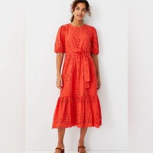 Ann Taylor Red Eyelet Midi Dress